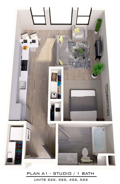 Floor plan for studio, 1 bath, 600 sqft